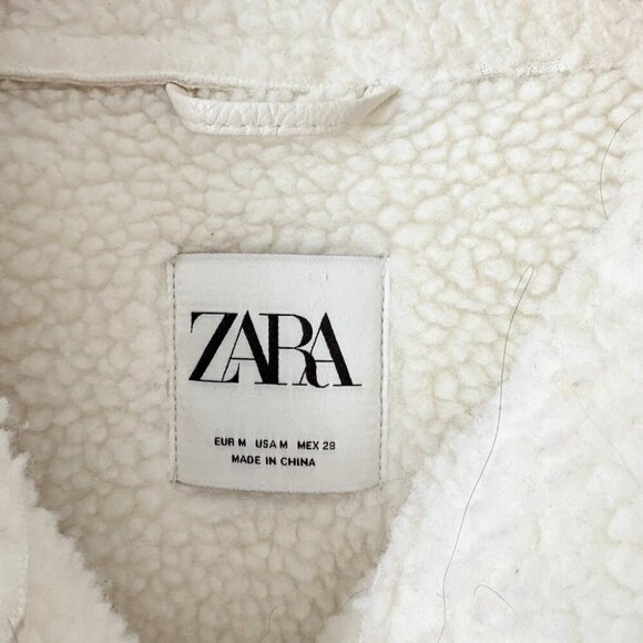 Zara Faux Suede Sherling Aviator Leather Belted Jacket Coat White Cream Medium - Picture 6 of 8